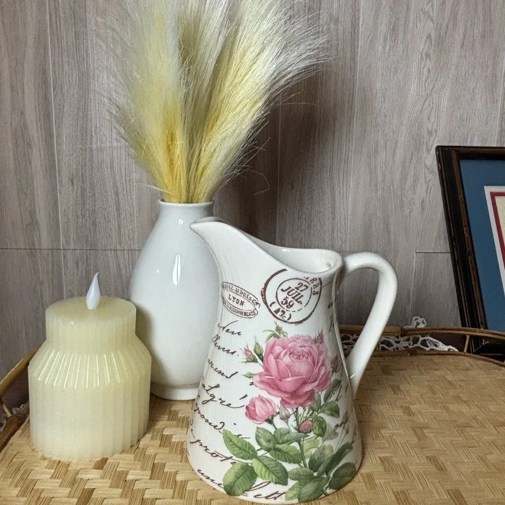 Teleflora Gift Shabby Chic Pink Rose FloralE White Ceramic Pitcher Vase